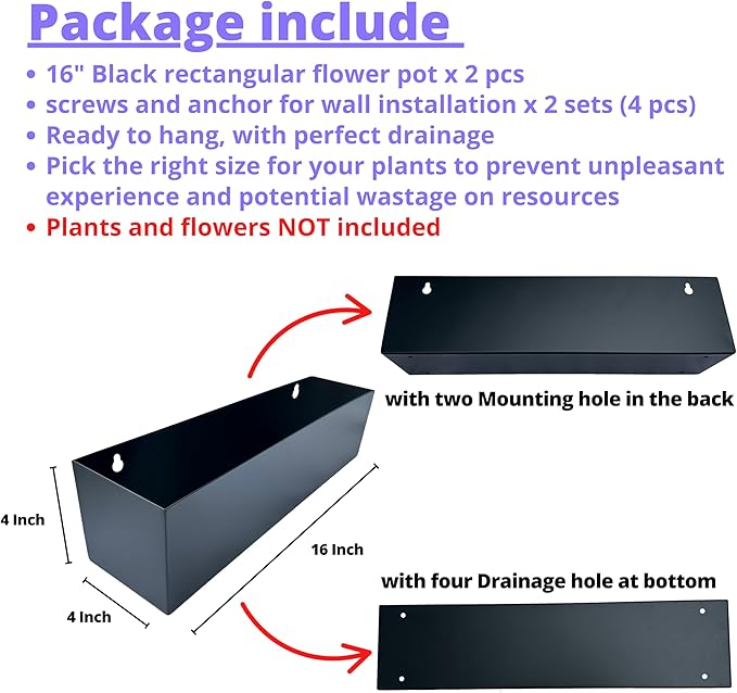 LaLaGreen Wall Planter (16 Inch, 2 Pack) Rectangular Metal Hanging Flower Pot for Succulents Carbon Steel Black, Long Window Sill Box Modern Fence Floating Garden Shelf for Deck Indoor Outdoor Decor L%C3%A1L%C3%A1Green