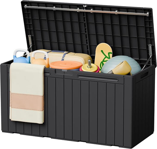 Greesum 110 Gallon Outdoor Storage Box with Lockable Lid, All-Weather Solution for Patio Furniture, Pool Supplies & Garden Tools, Waterproof, UV-Resistant Large Deck Box, Black BuynowfromGreesum