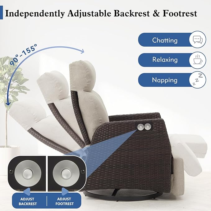 Adjustable Outdoor Recliner Chair with Independent Backrest & Footrest, Patio Swivel Recliner Chair, Wicker Reclining Patio Chair w/Flip-Up Table, 155° Lay Flat Chaise Lounge, Beige, 2PCS Rootora