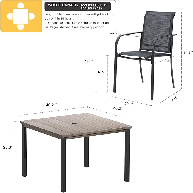 VICLLAX Outdoor Dining Set for 4, 5 Pieces Patio Dining Furniture Set with Umbrella Hole- 40.2" Patio Table and Chairs for Balcony, Garden and Deck, Grey Wood Grain Tabletop HOME