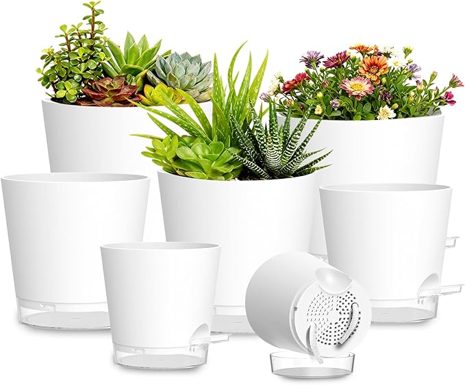 Plant Pots 4/5/5.5/6/6.5/7/8 Inch Self Watering Pots, 7 Pack Plastic Planters with Drainage Holes and Clear Saucers,Plastic Flower Pots,Nursery Planting Pot for Indoor Out Door Plants(White) SQKH