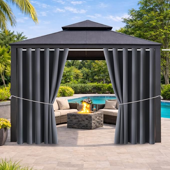 Water Proof Outside Curtains with Grommet Top for Porch, W84 x L120 Thermal Insulated Washable Light Block Outdoor Divider Drapes for Patio Gazebo Deck Pool Area Pergola Cabana (Gray, 2 Panels) DivaenCamino