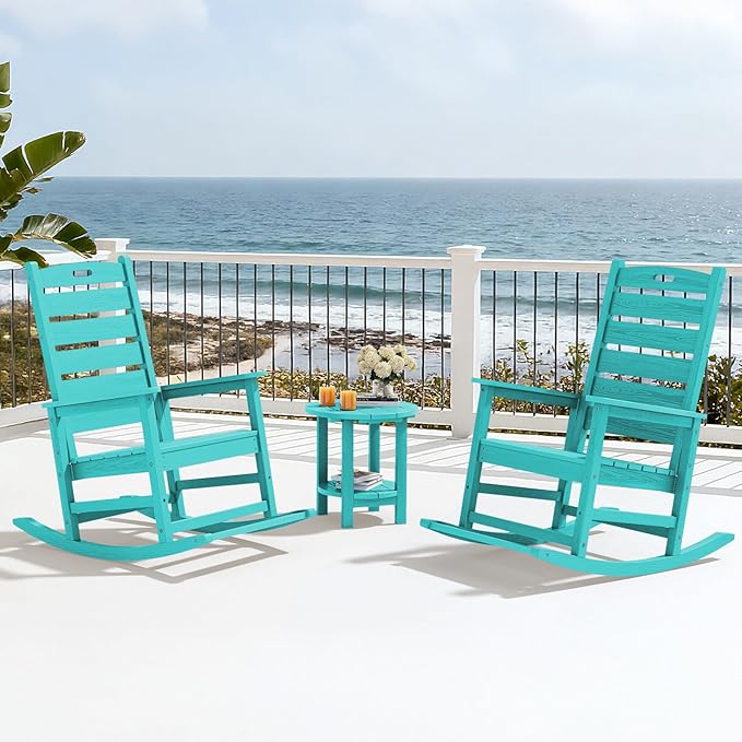 SERWALL Outdoor Rocking Chair Set of 4, Oversized HDPE Patio Rocking Chair with Footrest for Adults, All Weather Porch Rocker for Deck Patio Balcony, Aruba SERWALL