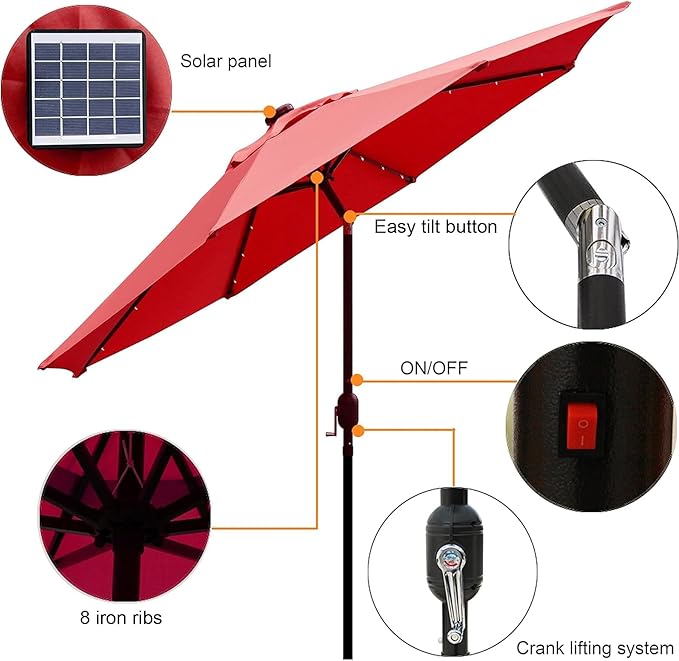Blissun 9 ft Solar Umbrella, 32 LED Lighted Patio Umbrella, Table Market Umbrella, Outdoor Umbrella for Garden, Deck, Backyard, Pool and Beach (Red) Blissun