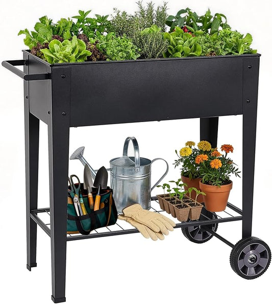 Elevated 32" Tall Raised Garden Bed with Legs and Wheels for Mobility, Metal Planter Boxes Outdoor with Shelf, Raised Bed for Gardening Vegetables/Herbs, Backyard, Patio, Balcony, Black BIRDSINYARD