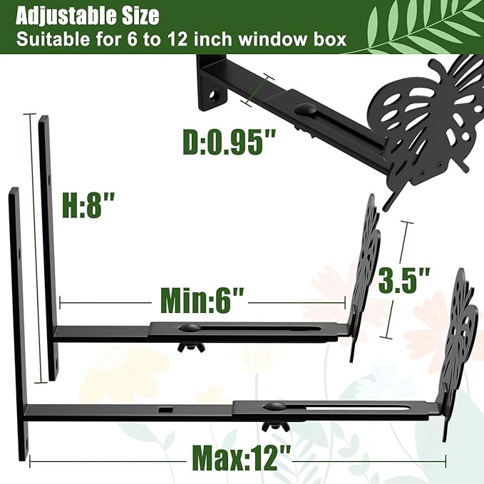 Adjustable Window Box Brackets, 6 to 12 inch Heavy Duty Window Planter Box Brackets, Butterfly Shape Wall Mount Flower Box Holder, 4 Pack BIOMAND