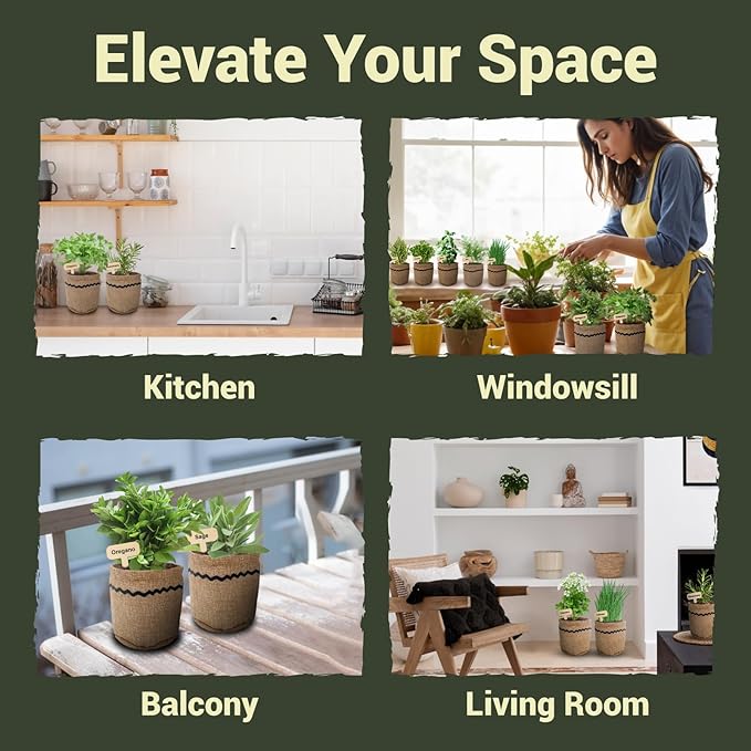 10 Herb Garden Planter Indoor Kit, 44pcs Complete Kitchen Herb Starter Set Including Burlap Pots, Markers, Soil Discs, Gardening Tools, Unique Easter/Birthday/Christmas Gift Ideas for Women, Mom ROOTCRAFT