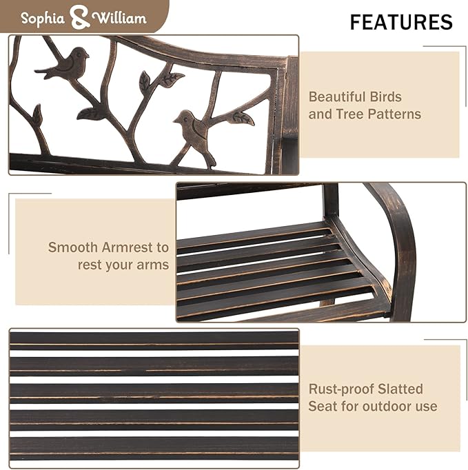 Sophia & William Outdoor Bench, Porch Bench, Garden Bench, Wrought Iron Bench with Backrest and Armrests, Bronze SophiaWilliam