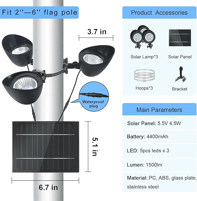 Solar Flag Pole Light 3 Super-Spotlights LEDs, Adjustable Metal Clamps Fits 2-6''Flag Poles, IP65 Waterproof Outdoor Solar Powered Flagpole Lights, 360 Degrees of Flag Illumination Flag Ground House ENRYBIA