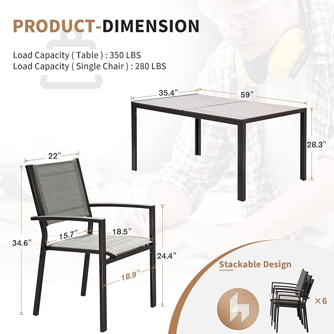 Devoko Patio Dining Set 7 Piece Outdoor Furniture with Rectangular Table and 6 Stackable Chairs Family Conversation Set for Garden Backyard Deck (Grey) DEVOKO