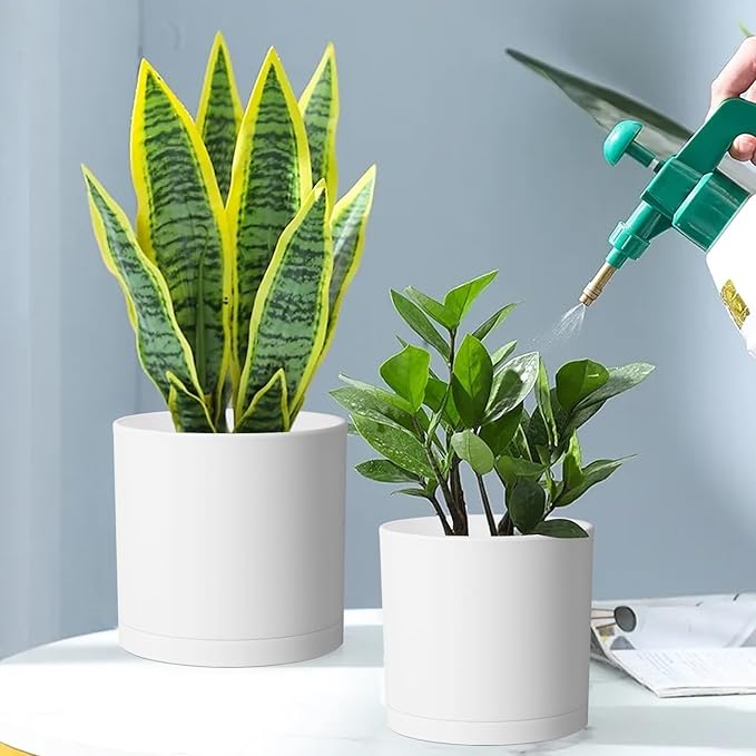 8/7/6 inch Plant Pots, Set of 3 Cylinder Flower Pots for Outdoor Indoor Plants, Decorative Plastic Planters with Drainage Holes and Saucers for Garden House Plants, White Meowell