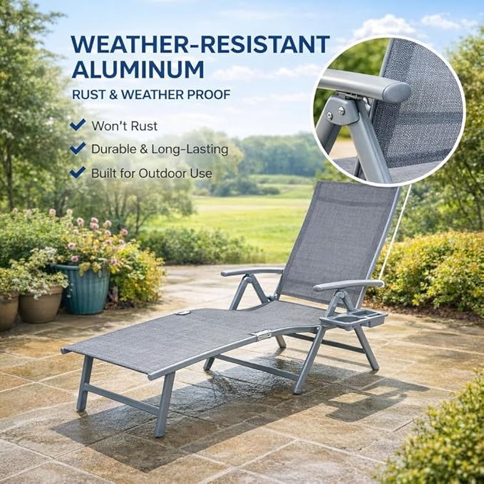 Kozyard Aluminum Outdoor Chaise Lounge Chair, Adjustable Reclining Patio Lounge with Drink Holder, Weather-Resistant Pool, Deck & Yard Recliner,Assemble-Free (Gray, 2Chairs) Kozyard