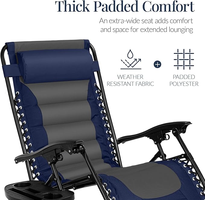 Best Choice Products Oversized Padded Zero Gravity Chair, Folding Outdoor Patio Recliner, XL Anti Gravity Lounger for Backyard w/Headrest, Cup Holder, Side Tray, Polyester Mesh - Navy/Gray BestChoiceProducts