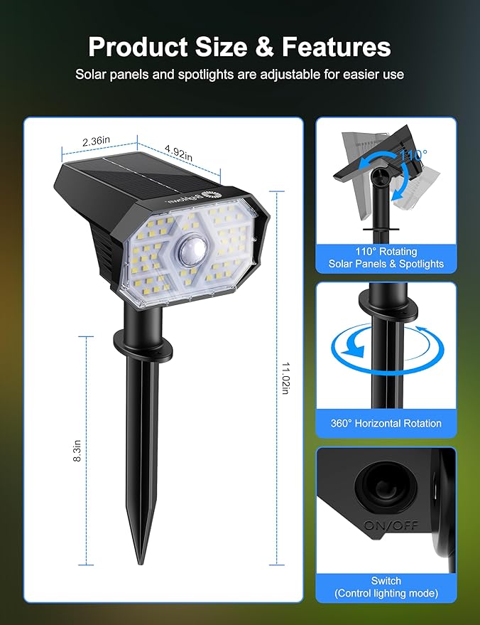 Brightown 6 Pack Solar Motion Lights Outdoor Waterproof, Motion Sensor Spot Lights- 58 LED/3 Modes Solar Powered Spotlights 2-in-1 Auto On/Off for Outside Yard Wall Garden, Cool White Brightown