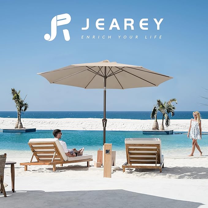 JEAREY 9FT Outdoor Patio Umbrella Outdoor Table Umbrella with Push Button Tilt and Crank, Market Umbrella 8 Sturdy Ribs UV Protection Waterproof for Garden, Deck, Backyard, Pool (Beige) JEAREYOutdoorsCollection