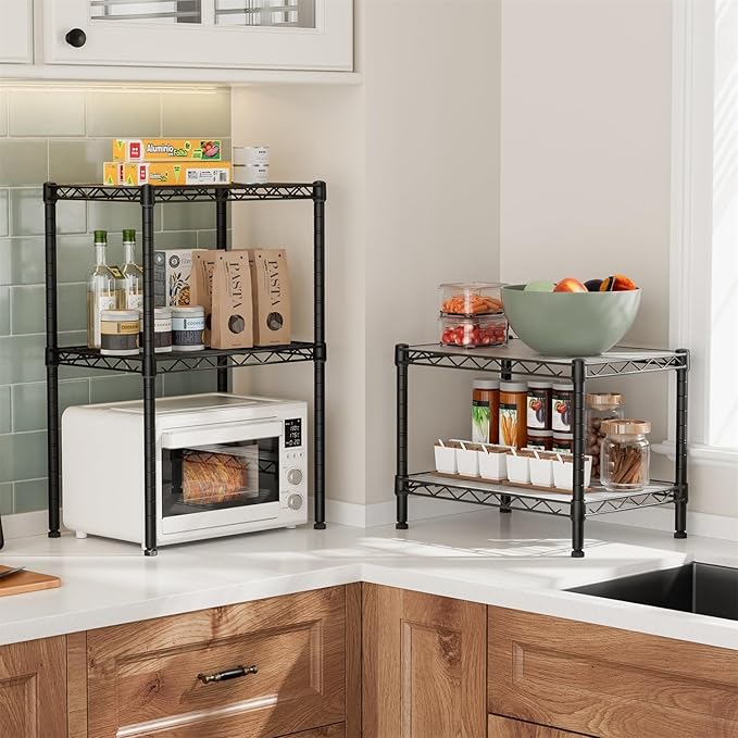 Xcity Storage Shelves, 2 Tier Heavy Duty Metal Shelving Unit with Wheels, 700 LBS Capacity Adjustable Steel Wire Shelf Organizer for Pantry, Kitchen, Garage, 14" D x 24" W x 20" H, Black Rootora