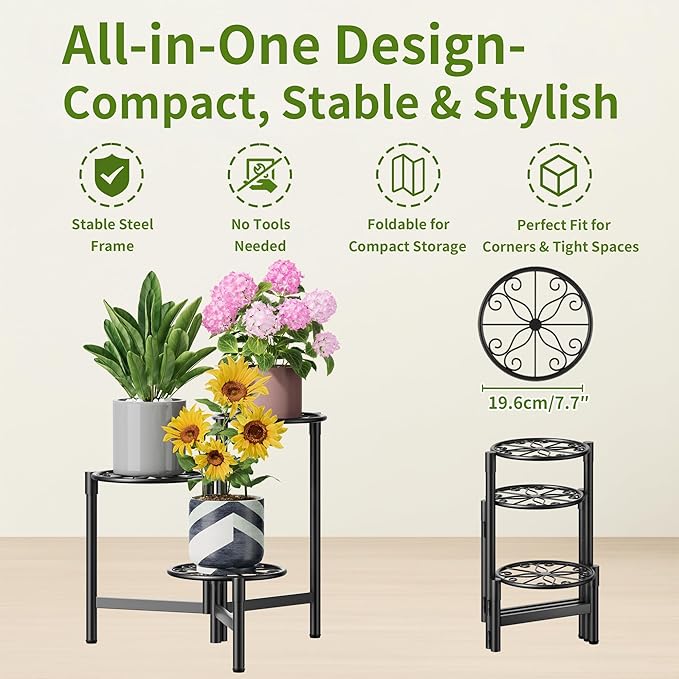 Metal Plant Stand Outdoor Indoor, 3 Tier Foldable Corner Tall Plant Shelf for Multiple Plants Flower Pot Holder Display Stand for Living Room Balcony Garden Patio -BlackS Rootora