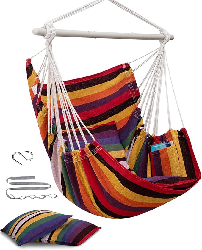 MIZTLI Hammock Chair Hanging Chair Swing Chair Hanging Chair for Bedroom Indoor Outdoor- Max 500 Lbs－Steel Spreader Bar with Anti-Slip Rings, 2 Cushions MIZTLI