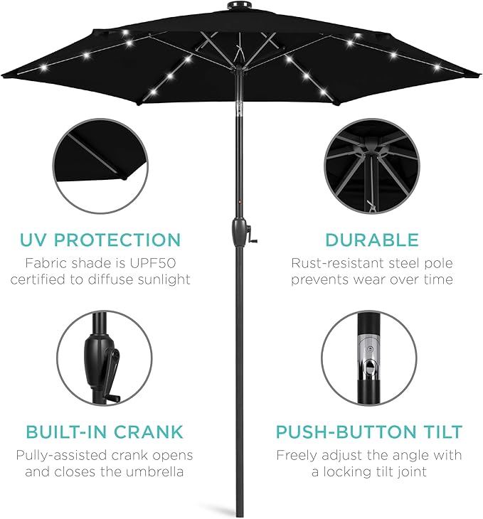 Best Choice Products 7.5ft Outdoor Solar Market Table Patio Umbrella for Deck, Pool w/Tilt, Crank, LED Lights - Black BestChoiceProducts