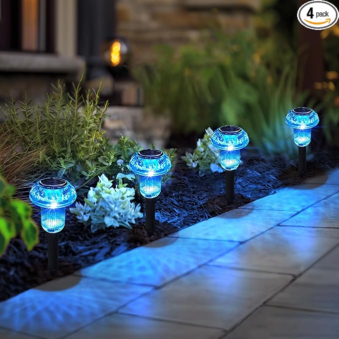 Easter Solar Pathway Lights Outdoor Decorative 4 Pack, Blue LED Mushroom Solar Lights Outdoor Waterproof Solar Powered Decor for Yard Driveway Patio, Valentines Day Halloween Christmas Garden Decor COZYPAVILION