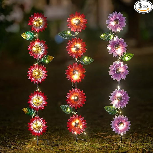 Set of 3 Solar Garden Lights,22.6'' H Flowers Decorative Garden Stakes,Waterproof Metal Spring Yard Art Decor,Solar Stake Lights for Outside,Lawn,Yard,Patio SATHGA