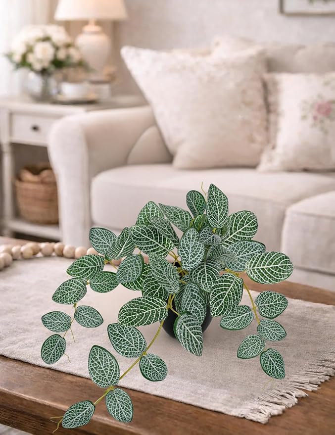 17.7" Artificial Plants Indoor Home Decor, Fake Potted Silk Plants for Shelves, Desks, Living Room, Home & Office Decor, Small Artificial Ivy Vine Nerve Plant in Pot, Faux Greenery Tropical Plant VillaComo