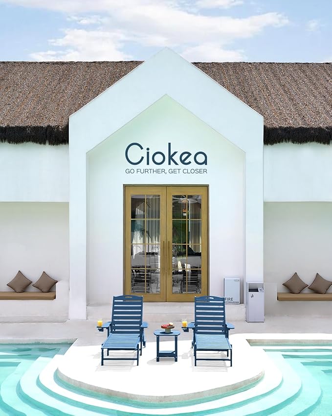 Ciokea Lounge Chair Outdoor, Oversized Chaise Lounge Chair with 5 Positions, HDPE, Patio Lounge Chair with Wheels & Cup Holder for Pool, Deck, Poolside, Azure Blue CIOKEA