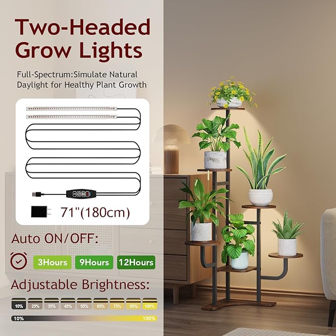 Corner Plant Stand with Grow Light - 6 Tier Plant Stand Indoor Round Metal Plant Shelf with Adjustable Light, Plant Organizer for Living Room, Graden, Home Decor (Brown) Homsorout