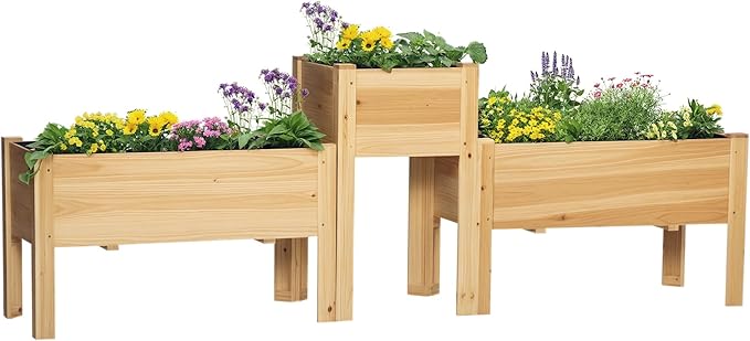 Outsunny Raised Garden Bed Set of 3, Wooden Elevated Planter Box with Legs and Bed Liner, for Backyard and Patio to Grow Vegetables, Herbs, and Flowers, Natural Outsunny