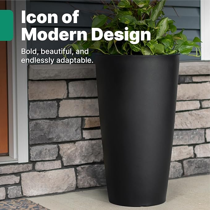Step2 Tremont Tall Round Tapered Planter, 28" Tall, Indoor/Outdoor Plants, Efficient Drainage, Durable Resin, Onyx Black Step2