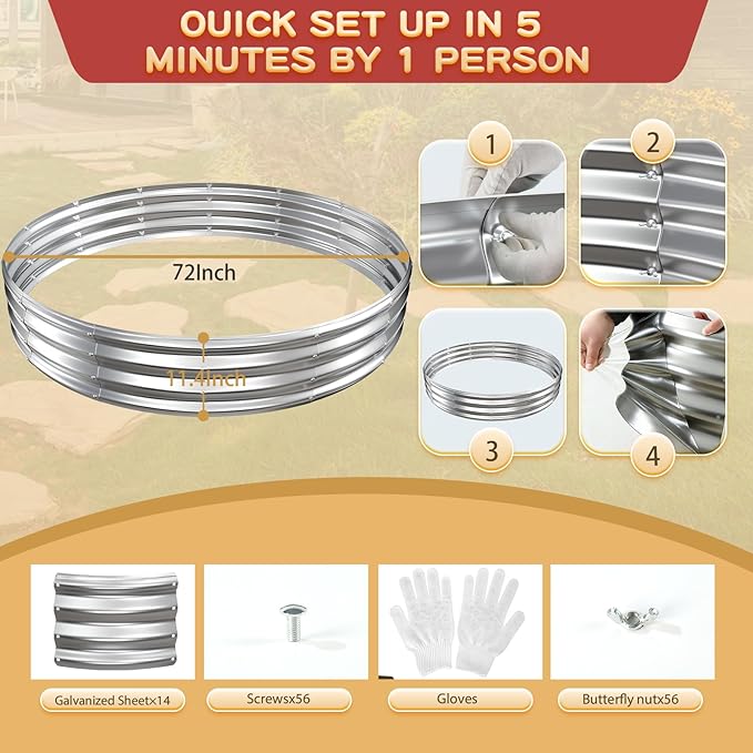 Durable Round Galvanized Steel Raised Garden Bed for Planting,Round Galvanized Steel Fire Ring/Fir Pit for Outdoor- 6×6×1FT,0.8MM Thick (Silver, 72 ins Diameter x 12 ins high) zbzbml