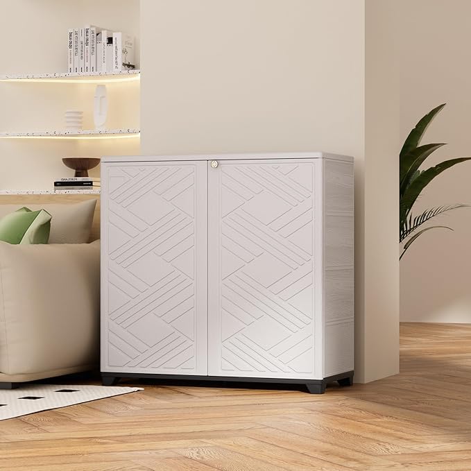 ADDOK Indoor Outdoor Plastic Storage Cabinet 34"x15"x34" with 1 Shelf, Outdoor Storage Shed for Living Room, Hallway, Balcony, Garage, Garden, Backyard-White ADDOK
