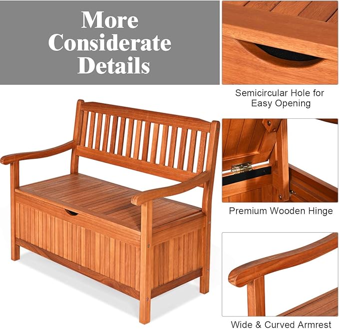 Tangkula Outdoor Wood Storage Bench Deck Box, Entryway Porch Storage Bench with Inner Removable Dust-Proof Lining & Portable Handles, Eucalyptus Wood Loveseat for Garden, Lawn, Balcony & Yard TANGKULA