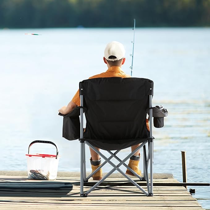 VEVOR Oversized Camping Folding Chair, Portable Heavy Duty Outdoor Quad Lumbar Back Padded with Side Pockets, Cup Holder and Cooler Bag for Beach, Lawn, Picnic, Fishing, Backpacking, Black VEVOR