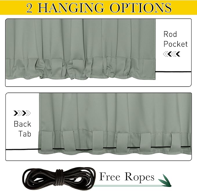 NICETOWN Outdoor Curtains for Patio Waterproof 108 inches Long 2 Panels, Windproof Thermal Insulated Top & Bottom Grommet/Back Tab Privacy Drapes with Rope for Gazebo, Sage Green, W52 x L108 NICETOWN