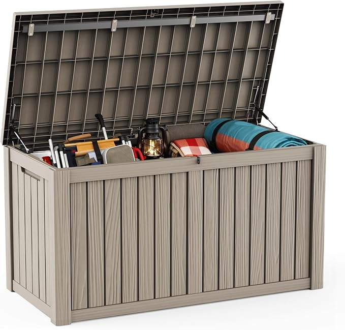 DRATO 150 Gallon Outdoor Storage Box, Large Waterproof Deck Box, Lockable Resin Storage Container with Reinforced Support for Patio Cushions, Garden Tools, UV-Resistant Outdoor Chest（Gray，150 Gallon） DRATOprovidesawarmandcozy