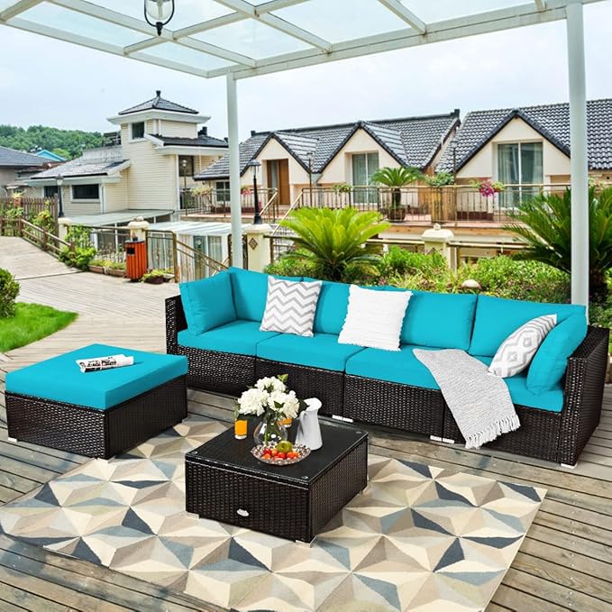 Tangkula 6 Piece Patio Furniture Set, Outdoor Deck Lawn Backyard Durable Steel Frame PE Rattan Wicker Sectional Sofa Set, Conversation Set with Coffee Table (Turquoise) TANGKULA