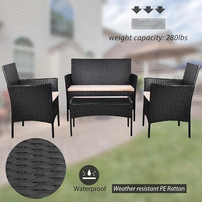 Homall 4 Pieces Outdoor Patio Furniture Sets Rattan Chair Wicker Set,Outdoor Indoor Use Backyard Porch Garden Poolside Balcony Furniture (Black and Beige) Homall