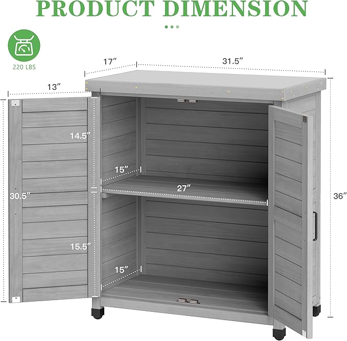 Outdoor Potting Bench with Storage Cabinet and Metal Top, Wood Workstation for Outdoor Patio, Garden (Classic Grey, 31x17x36‘’) Wood-Natrl