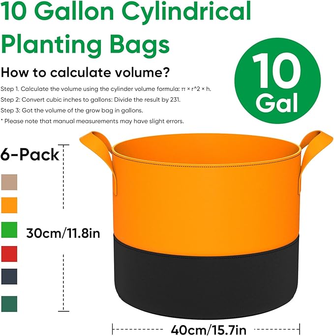 10 Gallon Grow Bags: 6 Pack 350G Heavy Duty Thickened Colorful Potato Grow Bags with Handles - Felt Nonwoven Garden Fabric Bags Gardening Pots for Vegetable Fruit Flowers Herbs Tomato Growing RVZHI