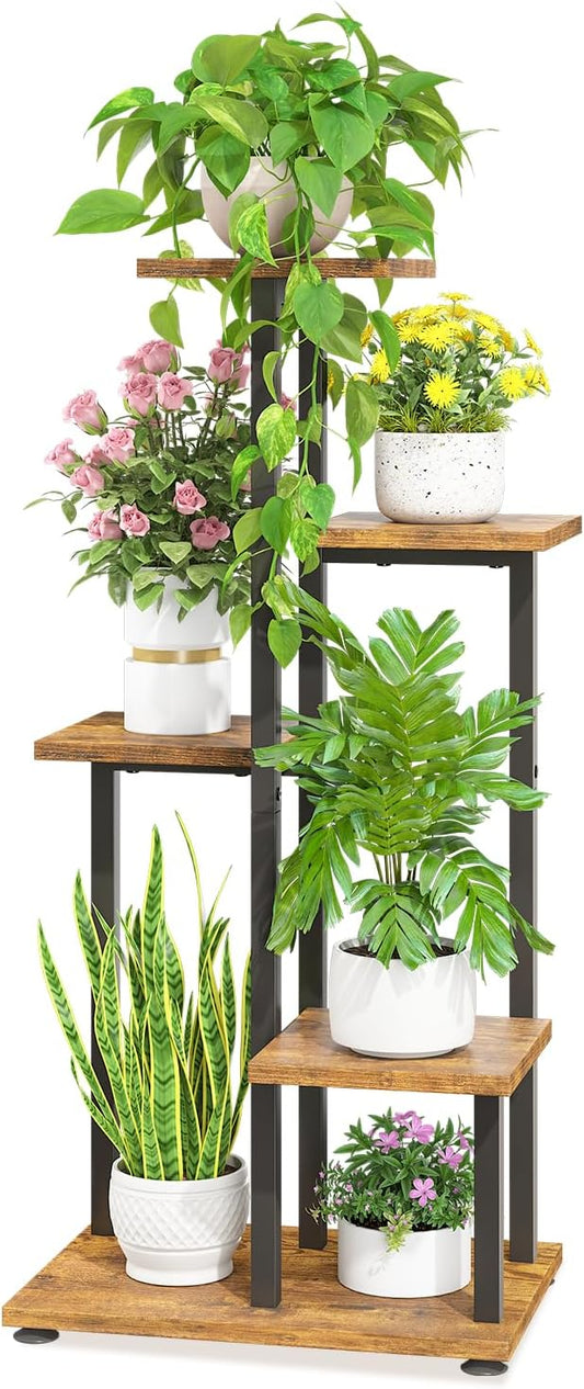 LASZOLA Black 5 Tiered Wood Plant Stand Indoor for Large Heavy Duty Planter, Sturdy Multi Level Corner Vertical Flower Rack for Narrow House, Rustic Tall Orchid Shelving Holder for Decor, Space Saving LASZOLA