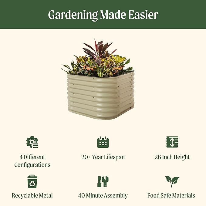 Vego garden 26" Extra Tall Raised Garden Bed Kits, 4 in 1 Modular Raised Planter Box for Vegetables Flowers Fruits Oval Metal Raised Garden-Olive Green VegoGarden