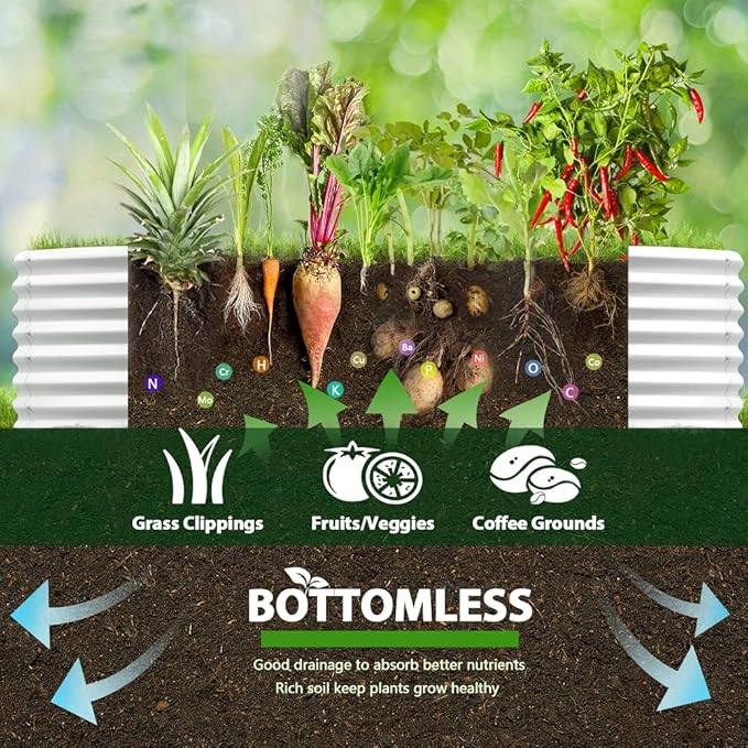 A ANLEOLIFE 8X4X2 ft Galvanized Raised Garden Beds Outdoor, Oval Large Metal Deep Root Planter Box for Planting Vegetables Flowers Herb, Anti-Rust & Easy-Setup, Antique White AAnleolife