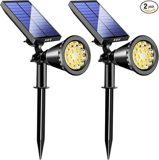 KEV 800 Lumens Solar Spot Lights Outdoor,18 LEDs Solar Flood Lights with 2 Modes &Adjustable &IPX65 Waterproof,Solar Spotlight for Driveway/Backyard/Patio Landscape/Tree/Garage(Warm White,2 Pack) KEV