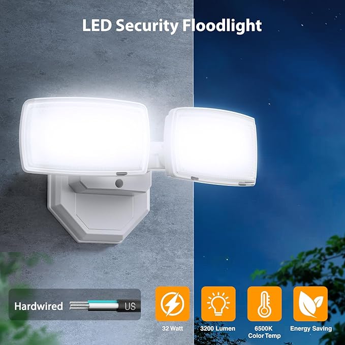 Onforu 3200LM Flood Lights Outdoor, 32W 6500K LED Security Light Manual Switch Controlled, IP66 Waterproof Outdoor Lights, Wall Mount Exterior Flood Light with 2 Adjustable Heads Floodlights Outside Onforu