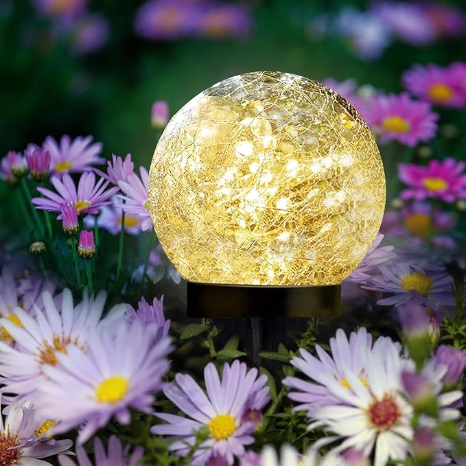 Solar Garden Lights Outdoor Waterproof, 4 Pack 30 LEDs Cracked Glass Ball Light, Ground Landscape Garden Decor, Solar Globe Decorative for Pathway/Patio/Lawn/Yard (Warm White, 3.9") SyouHome