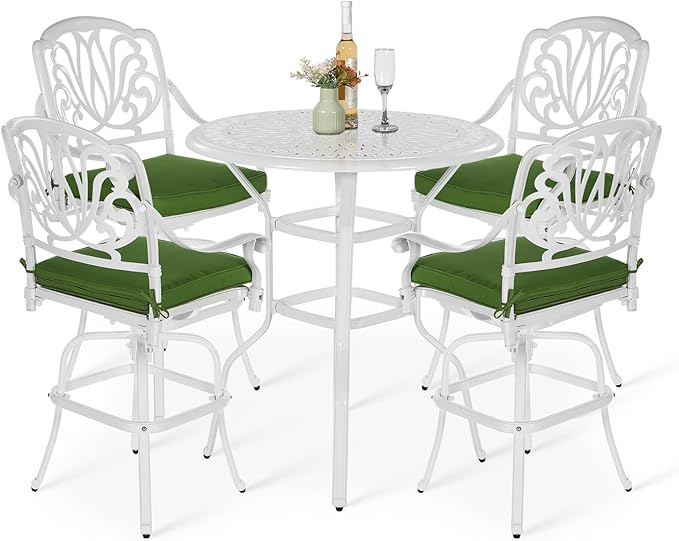 VIVIJASON 5-Piece Patio Swivel Bar Stools Set, All Weather Cast Aluminum Outdoor Bar Height Bistro Set with 4 Cushioned Bar Chairs & 35.4" High Bar Table w/Umbrella Hole for Backyard, Lawn, White VIVIJASON