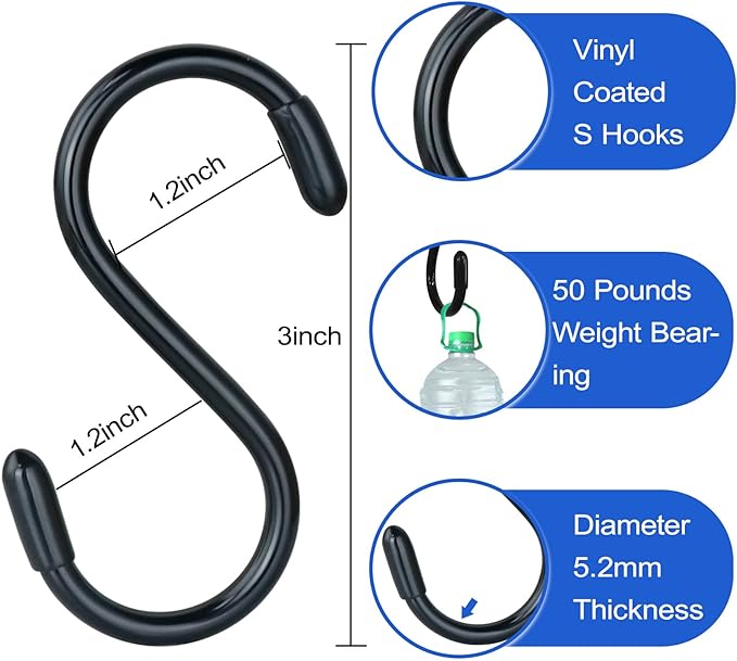 20 Pack Rubber Coated S Hooks for Hanging Plants,Heavy Duty S Hook,Non Slip 3 Inch Closet S Hooks,Steel Metal Black Vinyl Coated Small Hanging Hook for Jeans Pots and Pans Coffee Cups DINGEEUtilityHook
