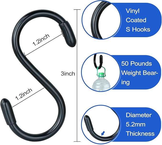 30 Pack Vinyl Coated Heavy Duty S Hooks for Hanging Plants, Clothes, Non Slip Steel Metal Black Rubber Coated Closet S Hooks for Hanging Jeans, Jewelry, Pot, Pan DINGEEUtilityHook
