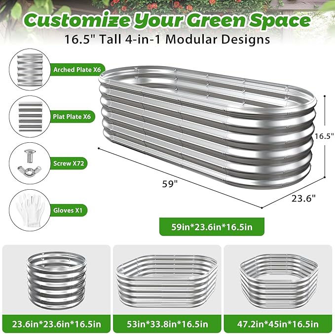 17" Tall Outdoor Garden Raised Garden Bed Kits, 5ft X 2ft Oval,0.8MM Thick Metal Raised Planter Bed/Ground Planter Box for Variety of Flowers,Herbs,Vegetables (Silver, 60X24X16.5 Inches) YSEJOMP